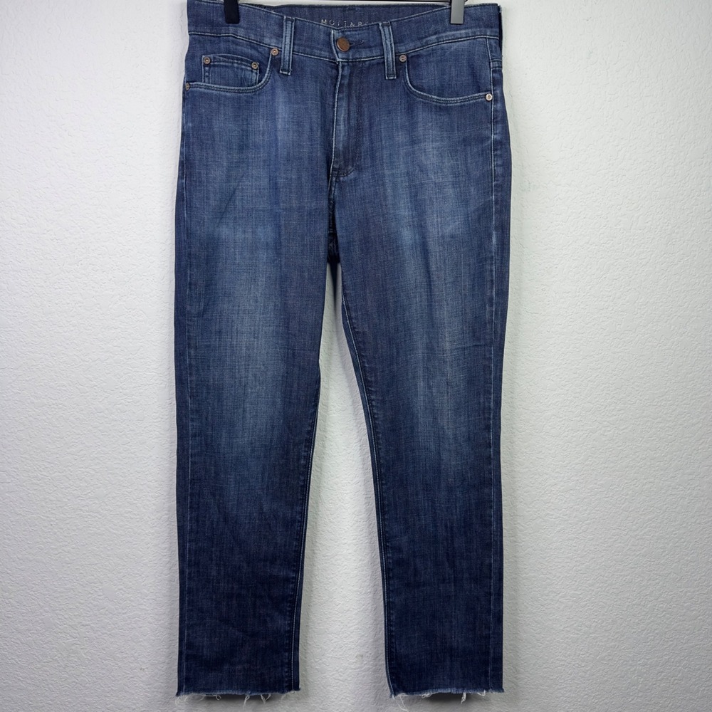 Mott & Bow Jeans Men 30x32 Slim Blue Denim Medium Wash Raw Hem Casual Minimalist